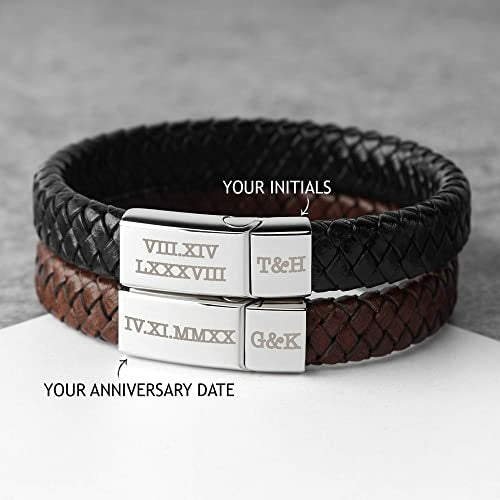 Personalized Roman Numerals Leather Bracelet for Men – Custom Date Engraved Braided Wristband